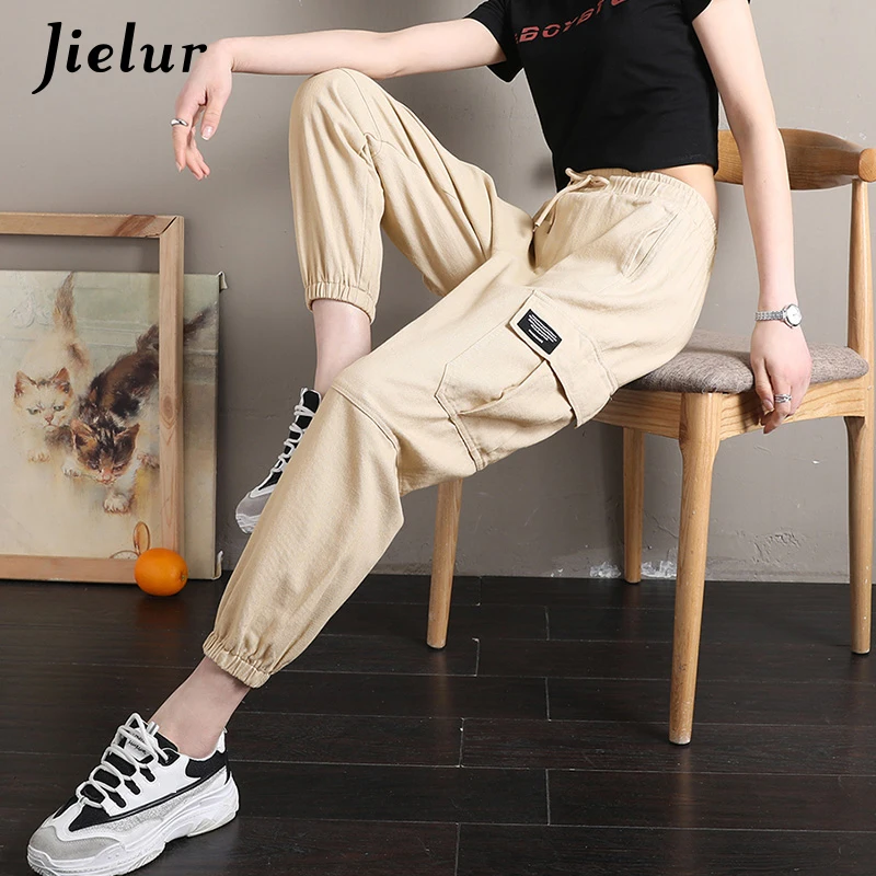 Jielur BF харадзюку женские брюки карго Модные Карманы хаки Pantalon с завышенной талией
