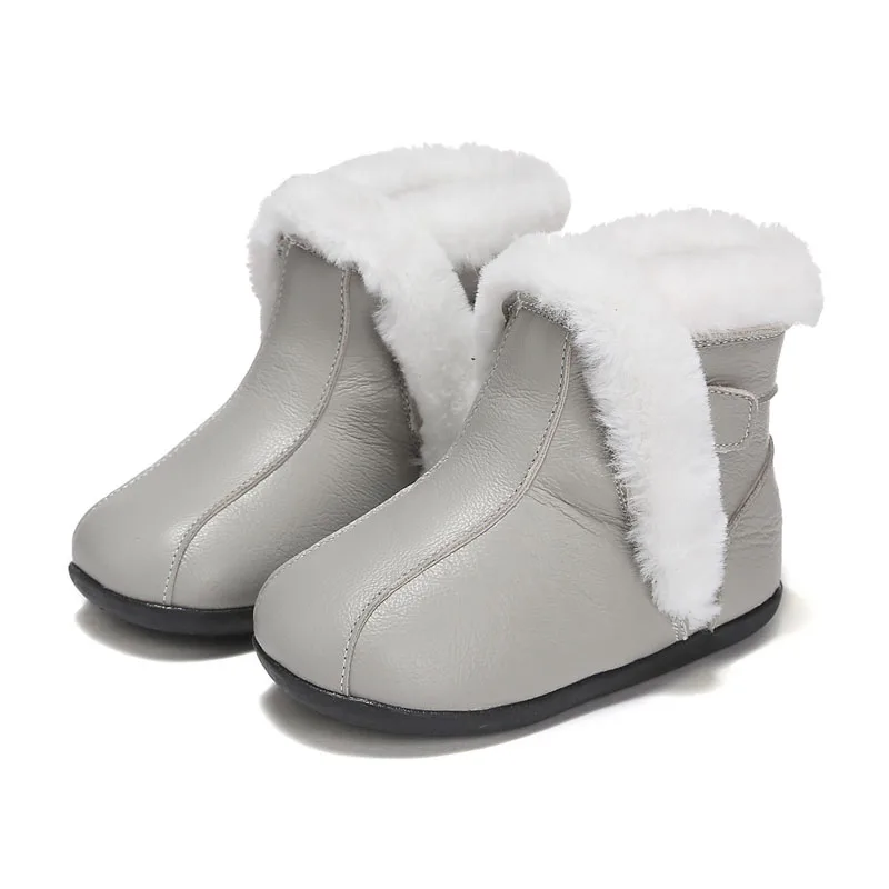 Зимние Детские модные ботинки из натуральной кожи; Детские ботильоны; обувь принцессы для девочек; нескользящие плюшевые кроссовки на плоской подошве для малышей - Цвет: Gray