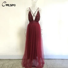 CWLSP Elegant Evening Party Long Dress Womens Off Shoulder Backless Tulle Maxi Dress Lady Sequined Deep V-neck Vestido QZ1951