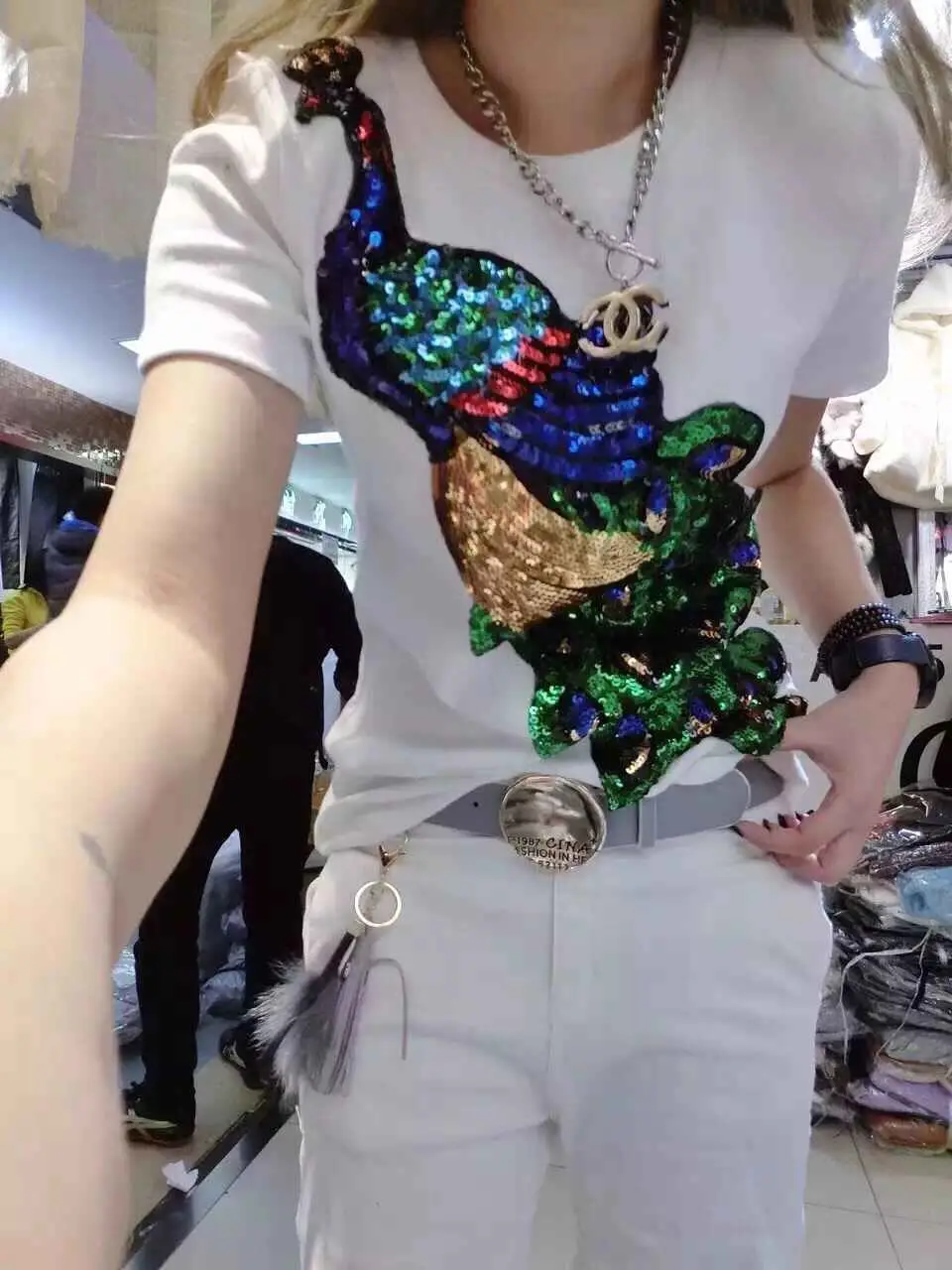 Летняя новая хлопковая футболка с короткими рукавами с блестками и павлином Повседневная Корейская версия женской футболки
