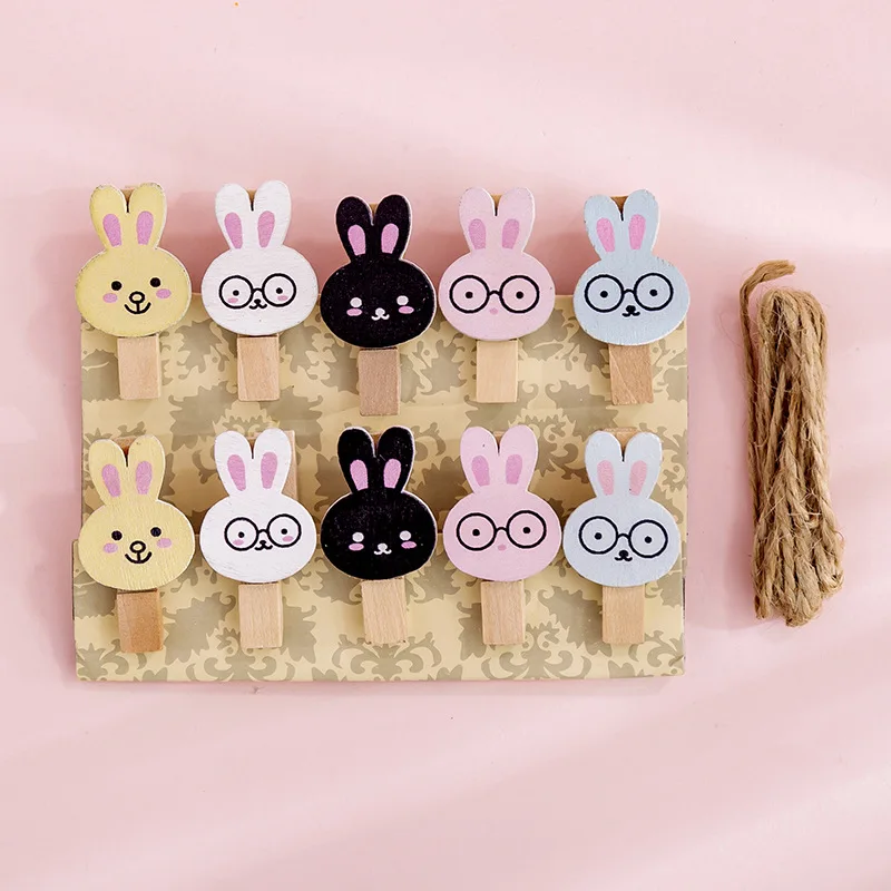 

10 pcs/pack Cute Rabbit Wooden Clip Photo Craft DIY Decoration Notes Letter Paper Clip with Hemp Rope Office School Supplies