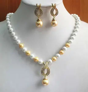 

hot Free shipping Fashion 8mm White And Yellow Pearl Necklace Yellow Earring Pendant Jewelry Set hot