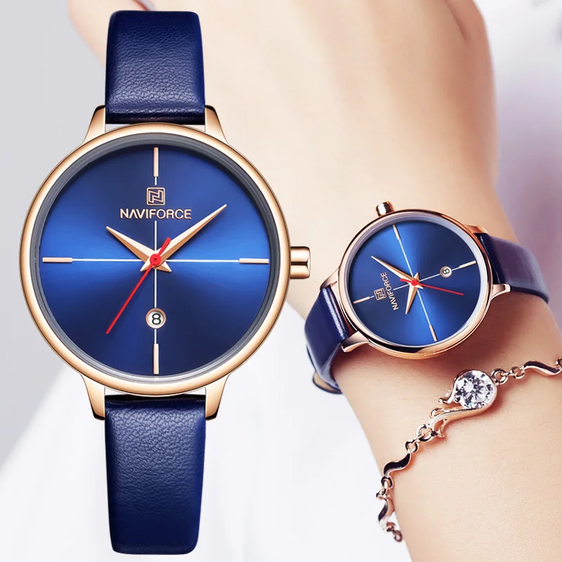 Новинка NAVIFORCE, синие женские часы, Лидирующий бренд, Роскошные водонепроницаемые женские часы, кварцевые женские часы, женские кожаные Наручные часы