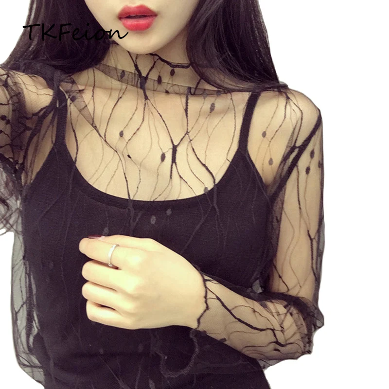 

Women Sexy Mesh Blouse Lace Tops Summer Long Sleeve Stand Collar Female Casual Elegant Tees Hollow Out Striped Shirt Black White