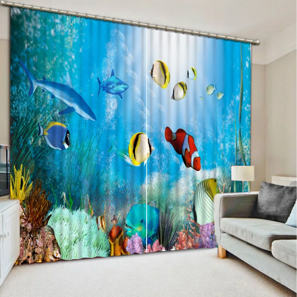 Beautiful Photo Modern 3d Curtain Colored Fish Coral Bed Room