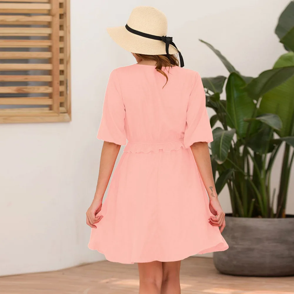 2019 summer sexy woman casual solid short-sleeved beach dress cotton pleated deep v-neck loose pretty beach dress long 40J3 (19)