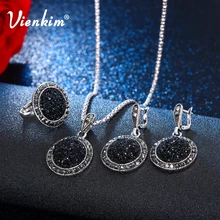 Vienkim, винтажные Свадебные Ювелирные наборы с черным разбитым камнем, Кристальное ожерелье, серьги, кольцо для модных женщин, уникальные ювелирные изделия в богемном стиле