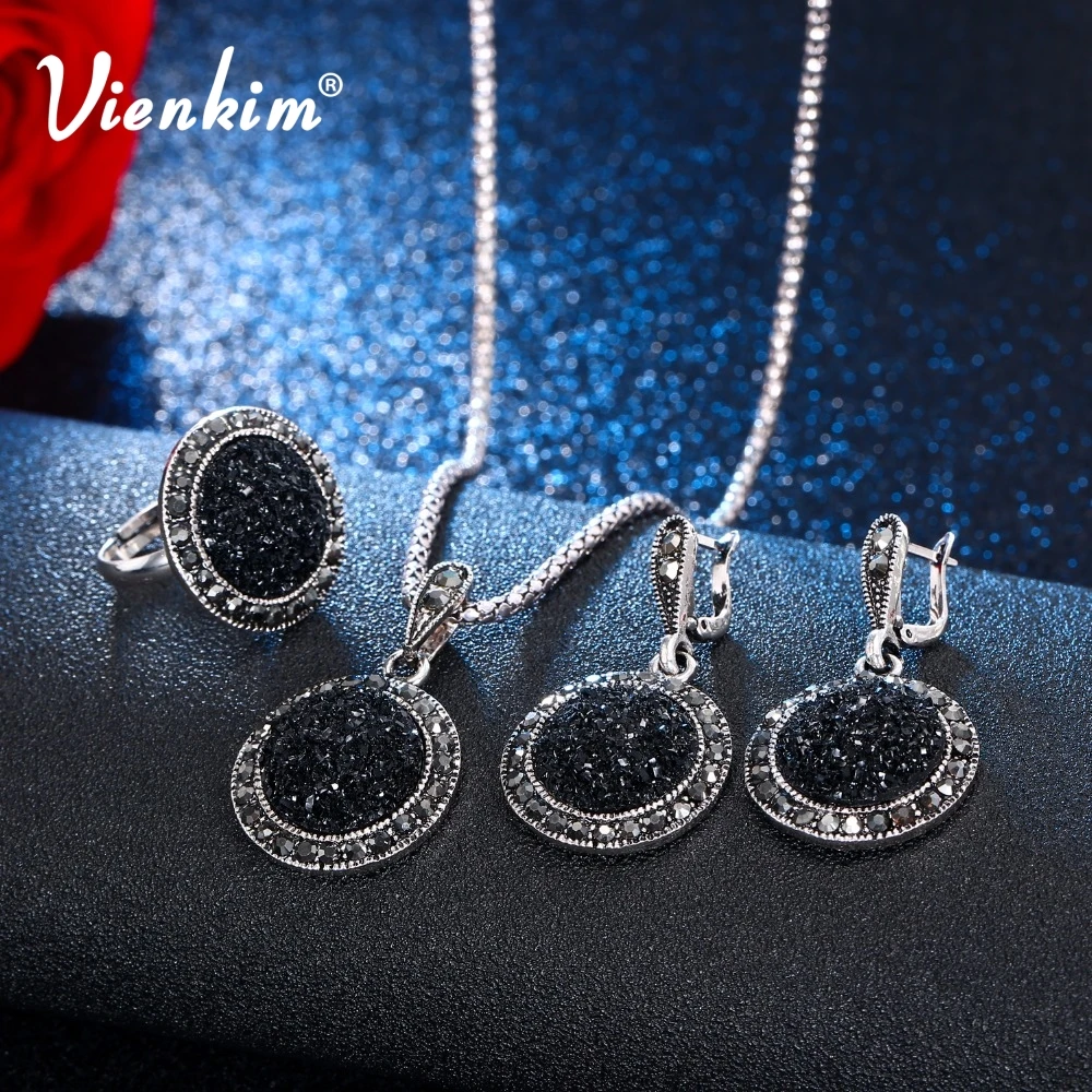 

Vienkim Vintage Black Broken Stone Wedding Jewelry Sets Crystal Necklace Earrings Ring For Fashion Women Unique Bohemia Jewelry