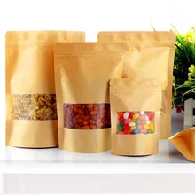 100 шт пищевые влагостойкие пакеты, пакеты с окном коричневой дой-Пак из крафт-бумаги мешок на молнии упаковка для закусок, печенья