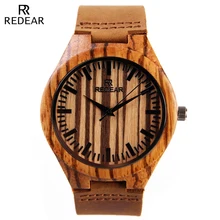 REDEAR Fashion Dress Wooden Watch Men Top Brand Luxury Men Quartz-Watches Mens Zebra Wood Watch Grain Leather Relogio Masculino
