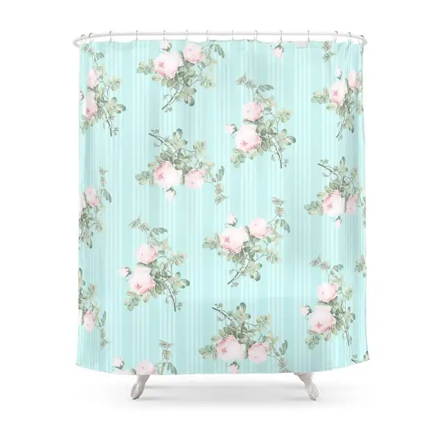 Shabby Chic Roses Pink And Mint Shower Curtain Polyester Fabric