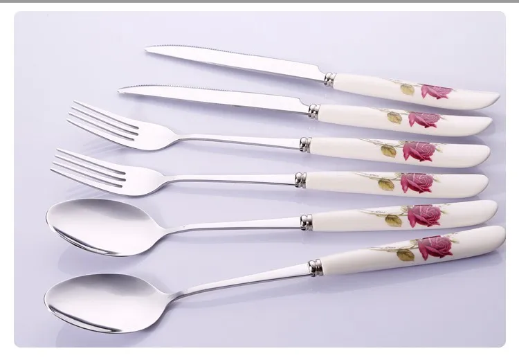 6 шт./компл. романтический роза западной комплект посуды 410 нержавеющая сталь+ керамика ложка / вилка нож / палочки для еды с подарочной коробке