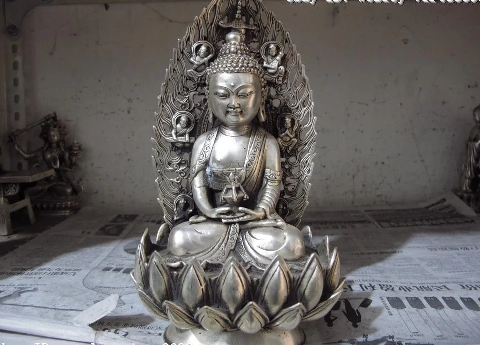 

9 Tibet White copper silver Sitting on a lotus Longevity Sakyamuni Buddha statue