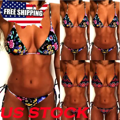 

US Sexy Women Bandage Floral Print Triangle Bikini Set Push-up Padded Swimsuit Bathing Suit Swimwear