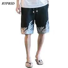 Китайский Стиль традиция печати Повседневное хлопковые льняные шорты Для мужчин прямые Свободные шнурок по колено Пляжные шорты Для мужчин M-5XL