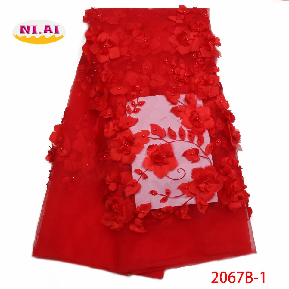

2018 3D Embroidered African Net Lace Fabric For Wedding Dress With Beads High Quality French Nigerian Lace Fabrics XY2067B-1