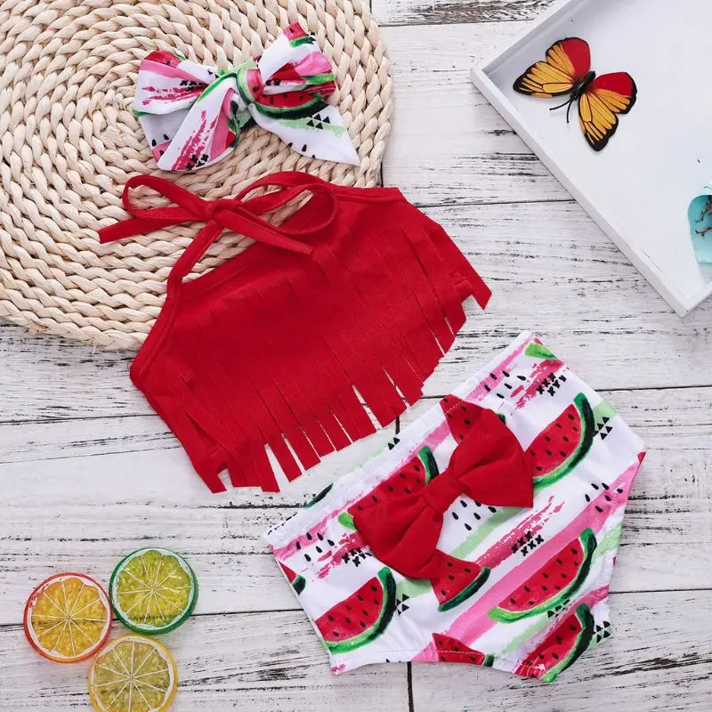 3 шт./компл., детский купальник, платье с кружевом, принт арбуза, купальники для девочек, одежда для бассейна, пляжный костюм