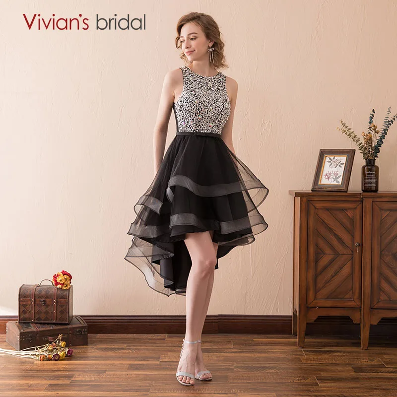 Vivian’s Bridal Sexy Black Homecoming Dresses Asymmetrical Short Front Long Back Crystal Prom Dresses Homecoming Dresses