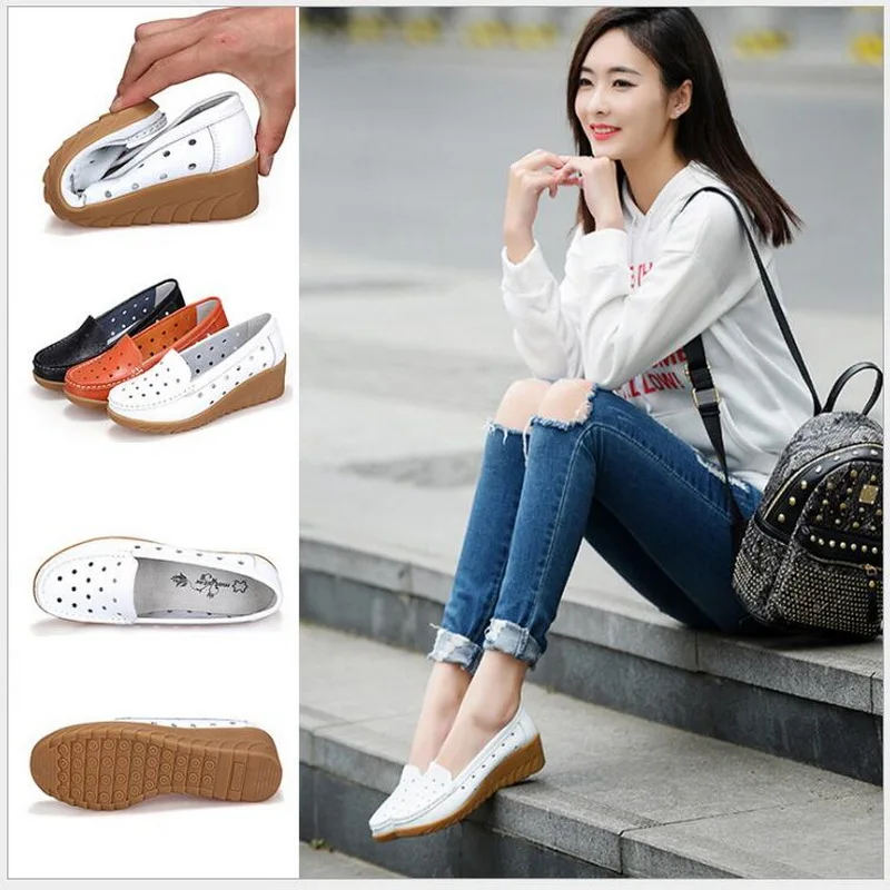 

Genuine Leather Shoes Flat Cut outs Women Shoes Ballet Flats Women Four Seasons Nurse Loafers Flats