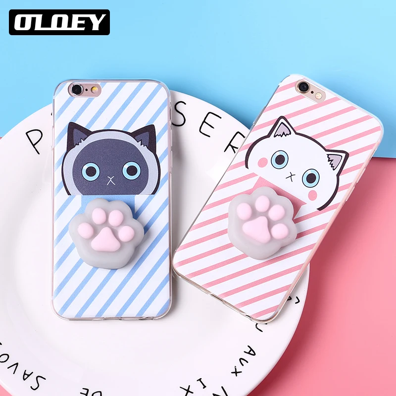 

OLOEY Cute Lucky 3D Cat Kitty Squishy Cartoon Animals Seal Stress Soft Phone Case For iPhone7 7Plus 6 8 8Plus XS Max SAMSUNG