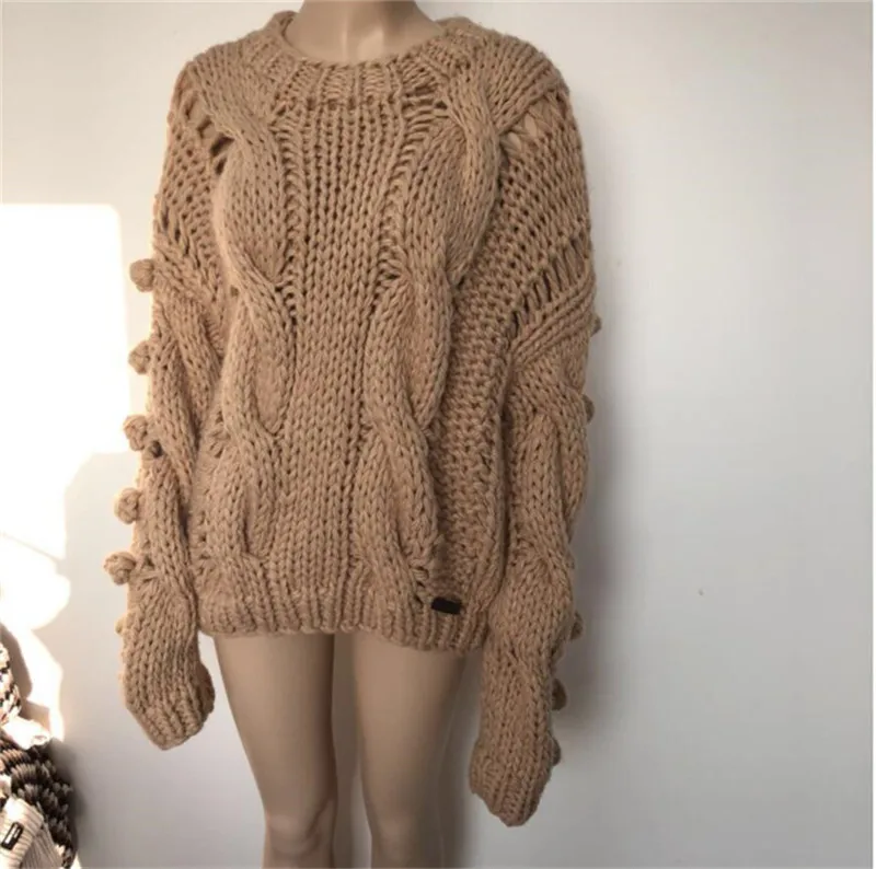 Осень и зима Модный повседневный вязаный пуловер ручной работы с круглым вырезом женский свитер - Цвет: Dark khaki