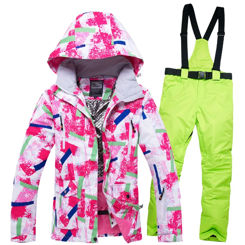 Высококачественный Женский лыжный костюм, супер теплый женский лыжный костюм, комплект из куртки и штанов, водонепроницаемая ветрозащитная куртка для сноуборда, зимний лыжный костюм