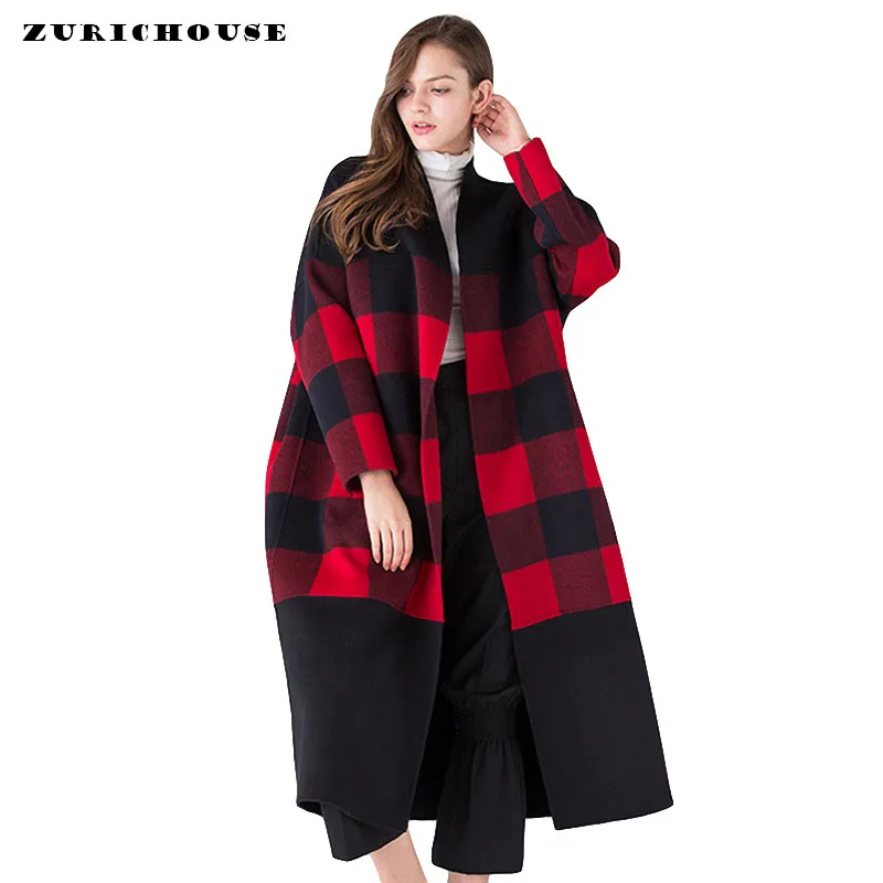 

2019 New High-end Handmade Double-sided Cashmere Jacket Women Black Red Plaid V-neck Long Wool Cardigan Female Winter Wool Coat