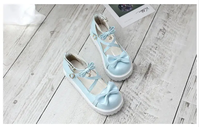 Blue Японские милые туфли принцессы Лолиты с милым бантом на низком каблуке с круглым носком, черные/розовые/белые/синие/коричневые туфли на плоской платформе - Цвет: Blue