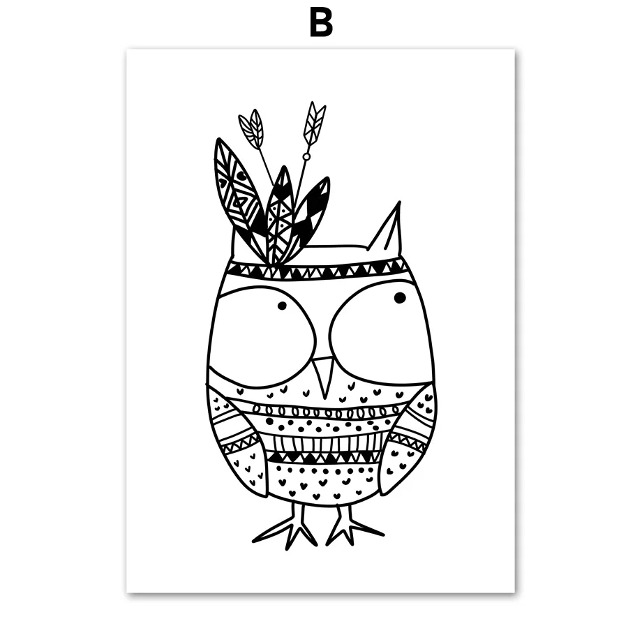 Черно-белые милые индийские лисички Совы палатки горные скандинавские плакаты и принты настенные художественные картины на холсте настенные картины декор детской комнаты - Цвет: B