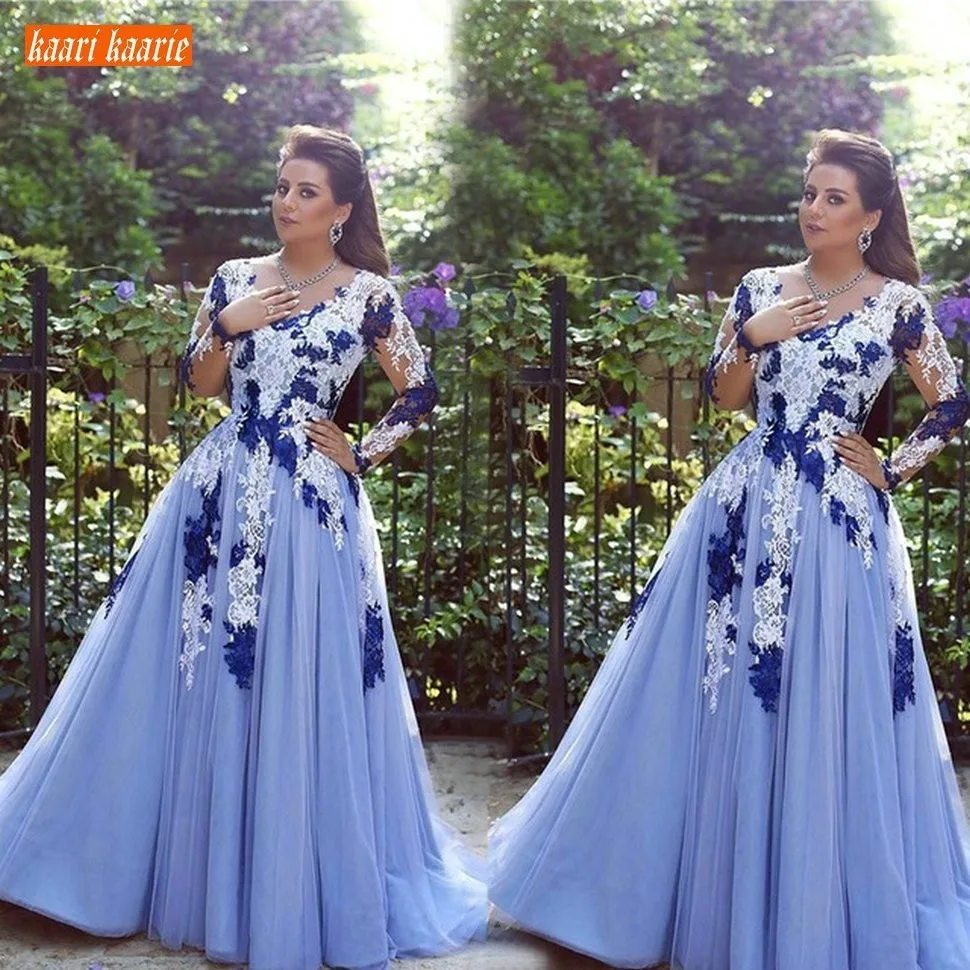 

Elegant Blue Prom Dresses Long Sleeve 2020 Lace Appliques Women Party Formal Dress Customized A Line Prom Gowns Special Occasion