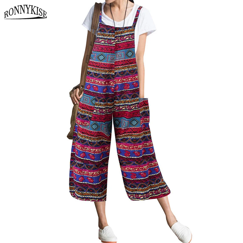 

RONNYKISE Famous Costume Printed Jumpsuits Womens Fashion Cotton and Linen Overalls with Pockets Summer Autumn Wide Leg Jumpers