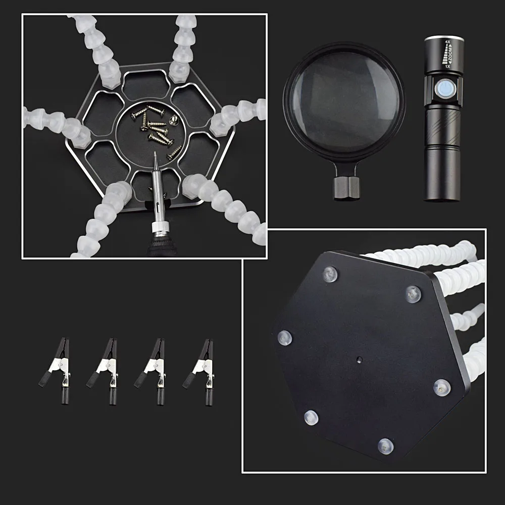 Kaufen NEWACALOX Third Hand Löten PCB Halter Werkzeug Sechs Arme Helping Hands mit Lupe Objektiv USB Ladung Mini LED Taschenlampe