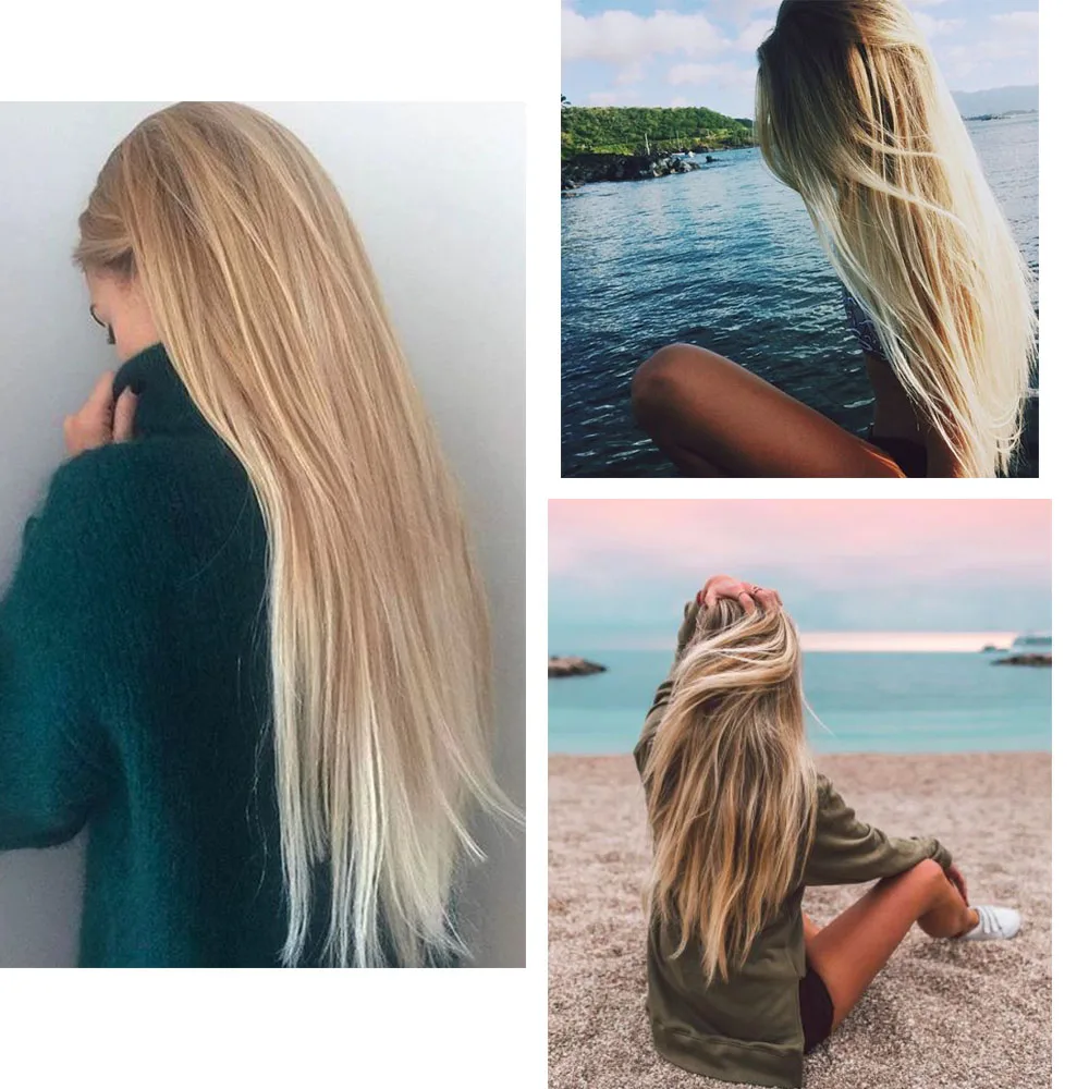 16 clips 24 inch Long Straight Synthetic Hair Extensions 140g false clip hairs High Temperature Fiber Black and Blond Hairpiece