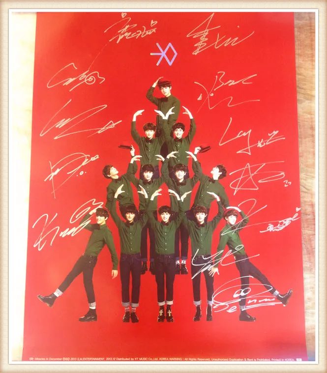 

EXO EXO-K+M autographed signed with pen authentic Miracles in December official poster korean red version freeshipping 03.2016