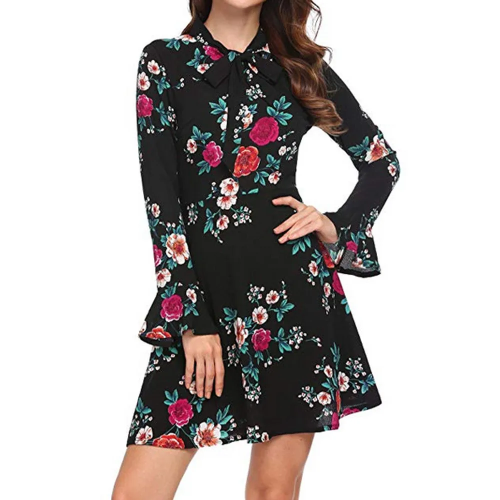 

Mini Bow Neck Elegant Dress Women Floral Summer Long Sleeve Evenning Dresses Marvelous OL ladies bohemian Vestidos Chiffon Dress