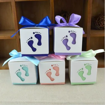 

50pcs/lot Baby Foot Candy Box Baby Shower Paper Sweet Bag Footprints On The Beach Favour Boxes Baptism Candy Container