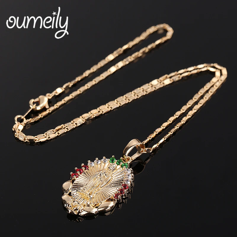 

OUMEILY Oval Angle Virgin Mary Maria Statement Necklace Catholic Religious Jewelry Gold Color Men Women Engagement Party Jewelry