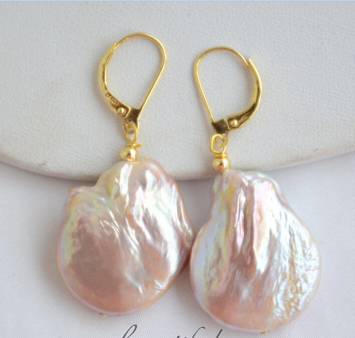 

00 FREE SHIPPING d** Z6548 22mm coin lavender baroque keshi reborn pearl dangle earring