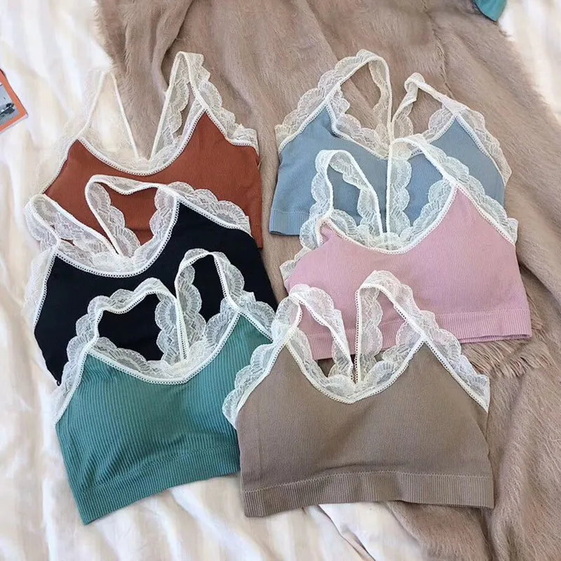 

Sexy Women Tank Top Wireless Detachable Padded Underwear Sexy Thin Lace Straps Breathable Camisole Solid Color Vest One-piece