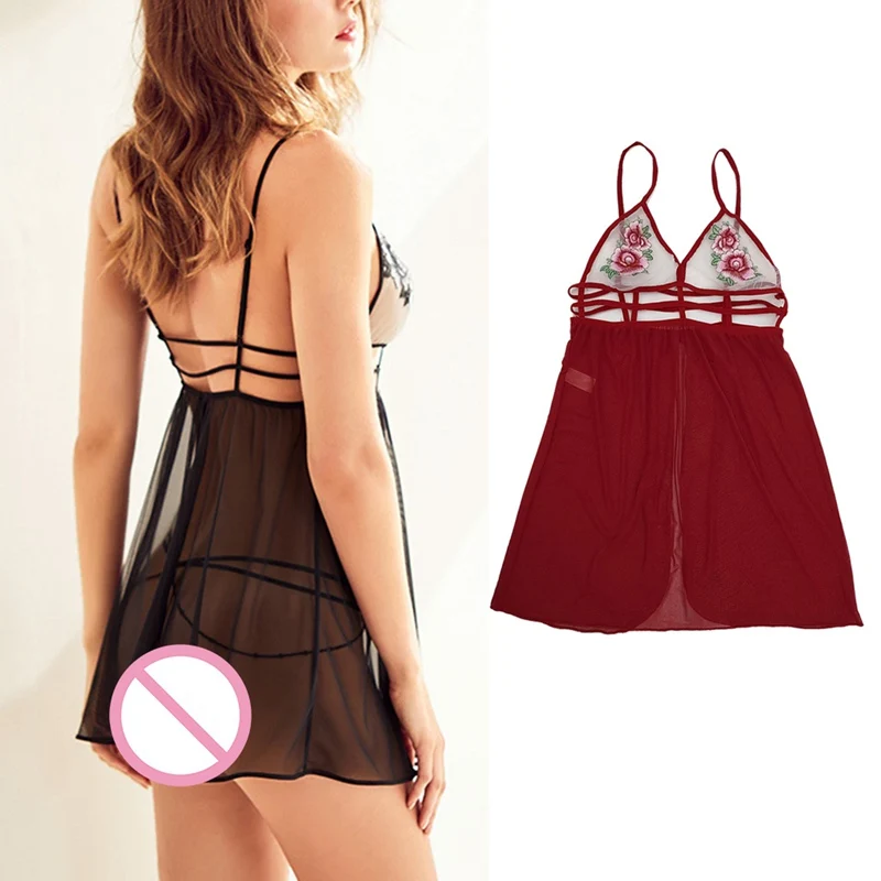 

Sexy Lingerie Erotic Women Babydoll Mesh Sleepwear LingerieSexy Perspective Floral Embroidered Strap Nightdress