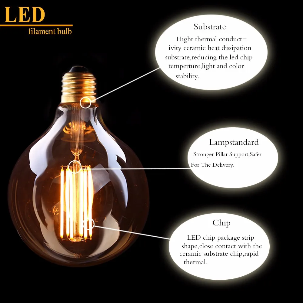 Винтажный светодиодный светильник с длинной нитью накаливания, золотой оттенок, Edison G125, Глобус Стиль, 4 Вт 6 Вт 2200 к, ретро декоративная лампа, с регулируемой яркостью