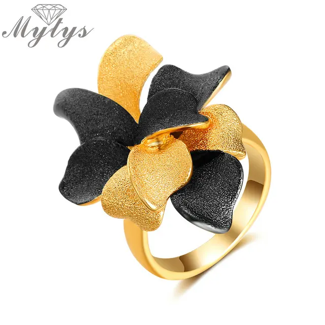 Mytys Black and Gold di Colore Vintage Frosted Metallo Anello Fiore per Le Donne Mytys Black and Gold di Colore Vintage Frosted Metallo Anello Fiore per Le Donne