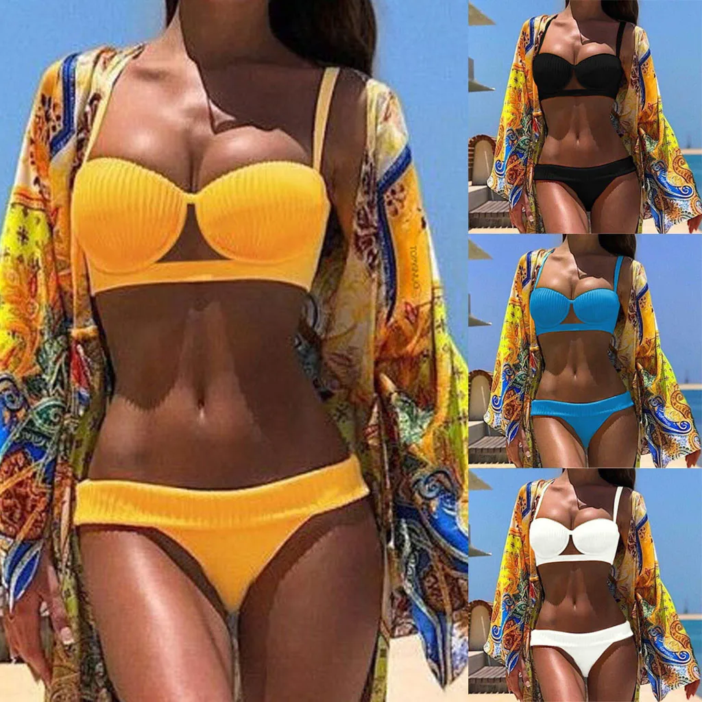 

Women Sexy Solid Black Yellow White Blue Bikini Set Two Pieces Padded Swimwear Beach Bathing Suit Swimsuit Mid Waist Beachwear