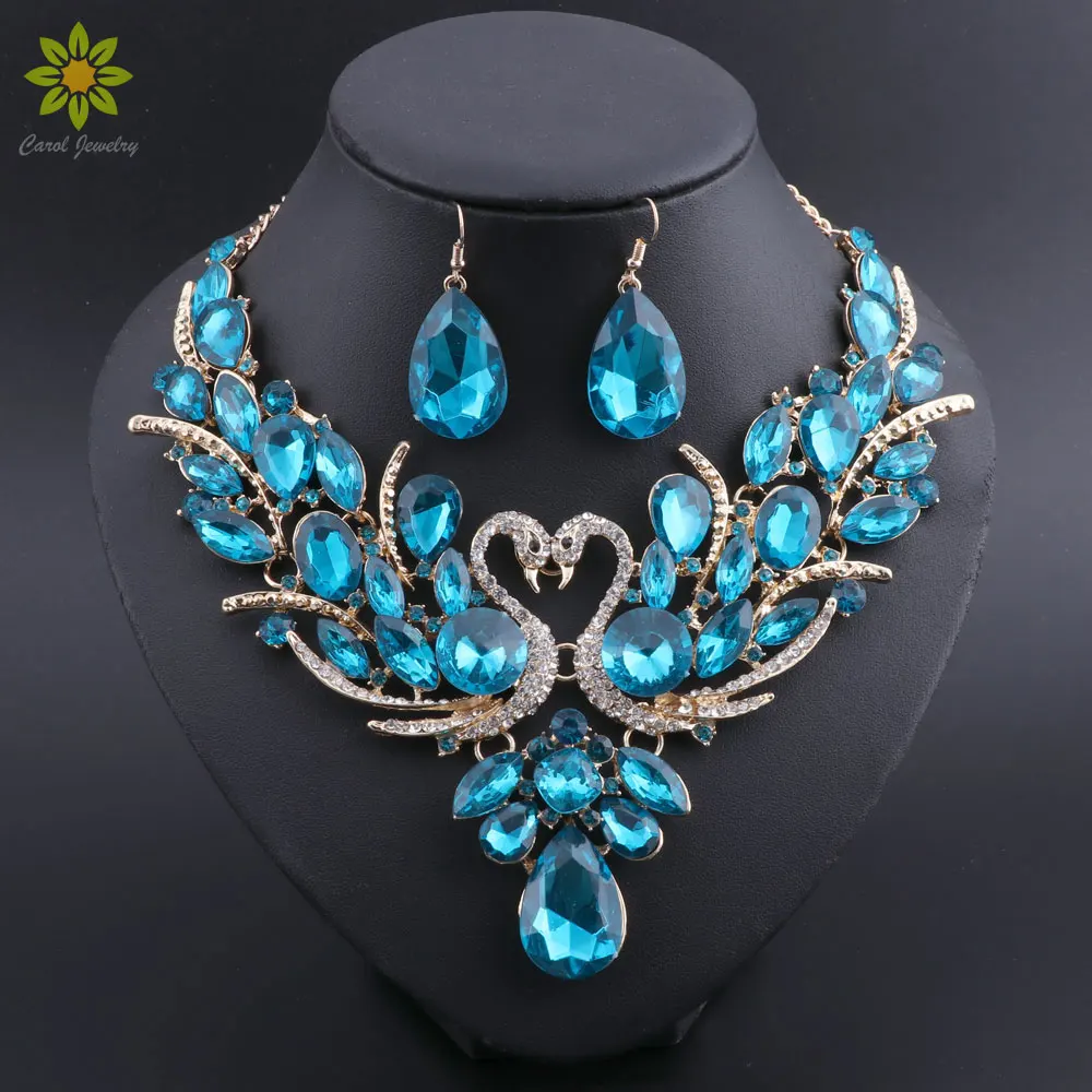 

2018 New Africa Wedding Jewelry Sets Blue Crystal Swan Necklace Earrings For Women Bridal Jewelry Sets