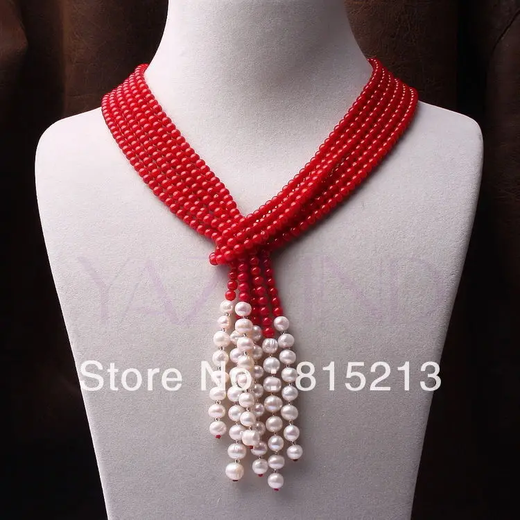 

ddh0060 3 strands handmade red coral round ball pearl scarf style fine chain necklace 28% Discount (A0502)