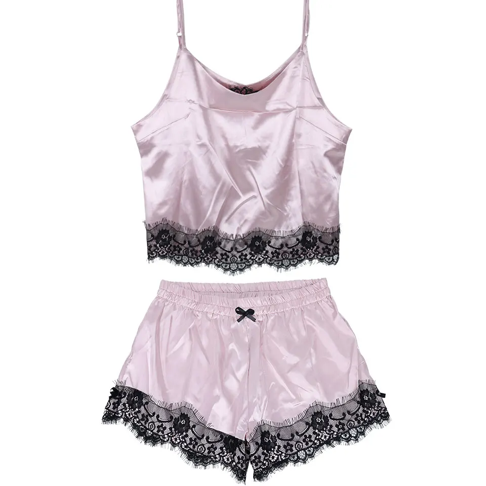 Шелковая сексуальная летняя одежда для сна женская пижама с кружевами без рукавов комплект пижамы на тонких бретелях Атласный топ и шорты Пижама женская розовая Новинка - Цвет: Розовый