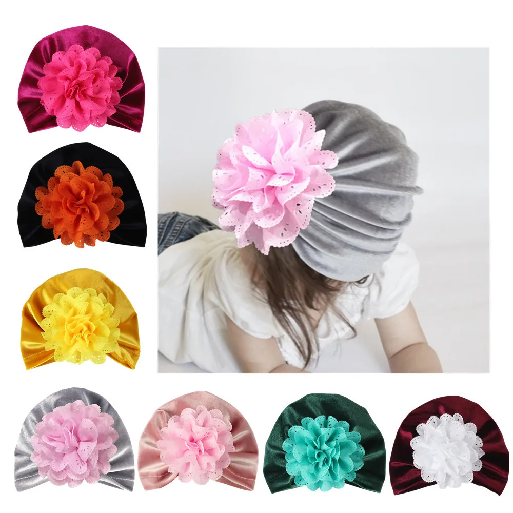 

India Baby Turban Hats Velvet Soft Flower Beanie Spring Knitting Caps for Girls Kids Children Cap Spring Autumn Head Wrap Caps