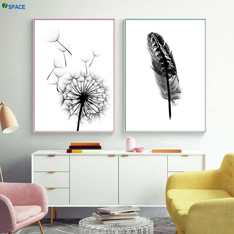 

Dandelion Animal Feather Wall Art Canvas Painting Nordic Poster Art Prints Black White Plant Pictures Living Room Decoration