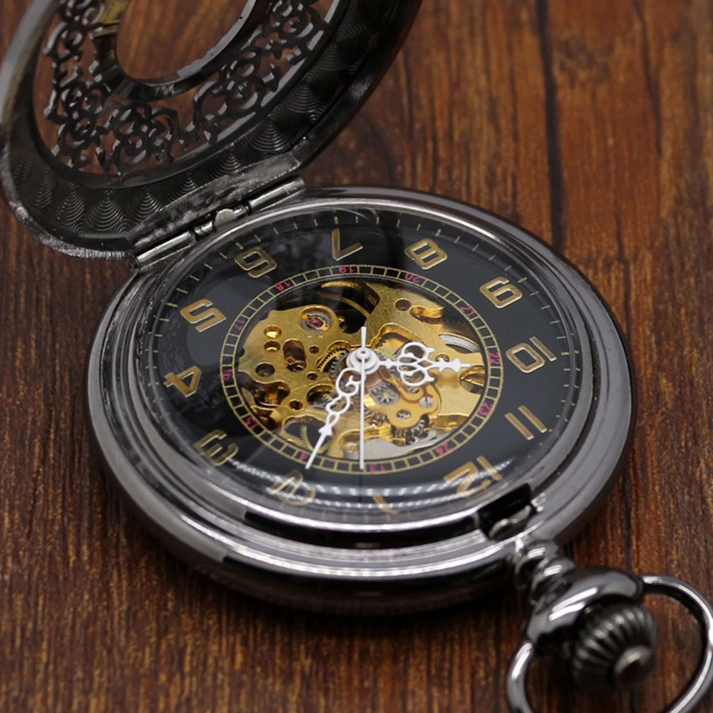 Полые стильный подарочный набор для Механические карманные часы комплект Для мужчин женский, черный стимпанк Часы с костями часы подарочной коробке плохой цепи