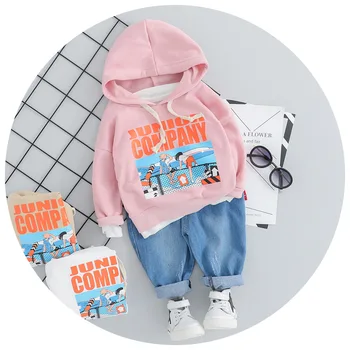 

Autumn Baby Girls Cartoon Letter Hooded Pullover Hoodies + Denim Jeans Trousers Casual Kids 2Pcs Suits Boys Clothing Sets
